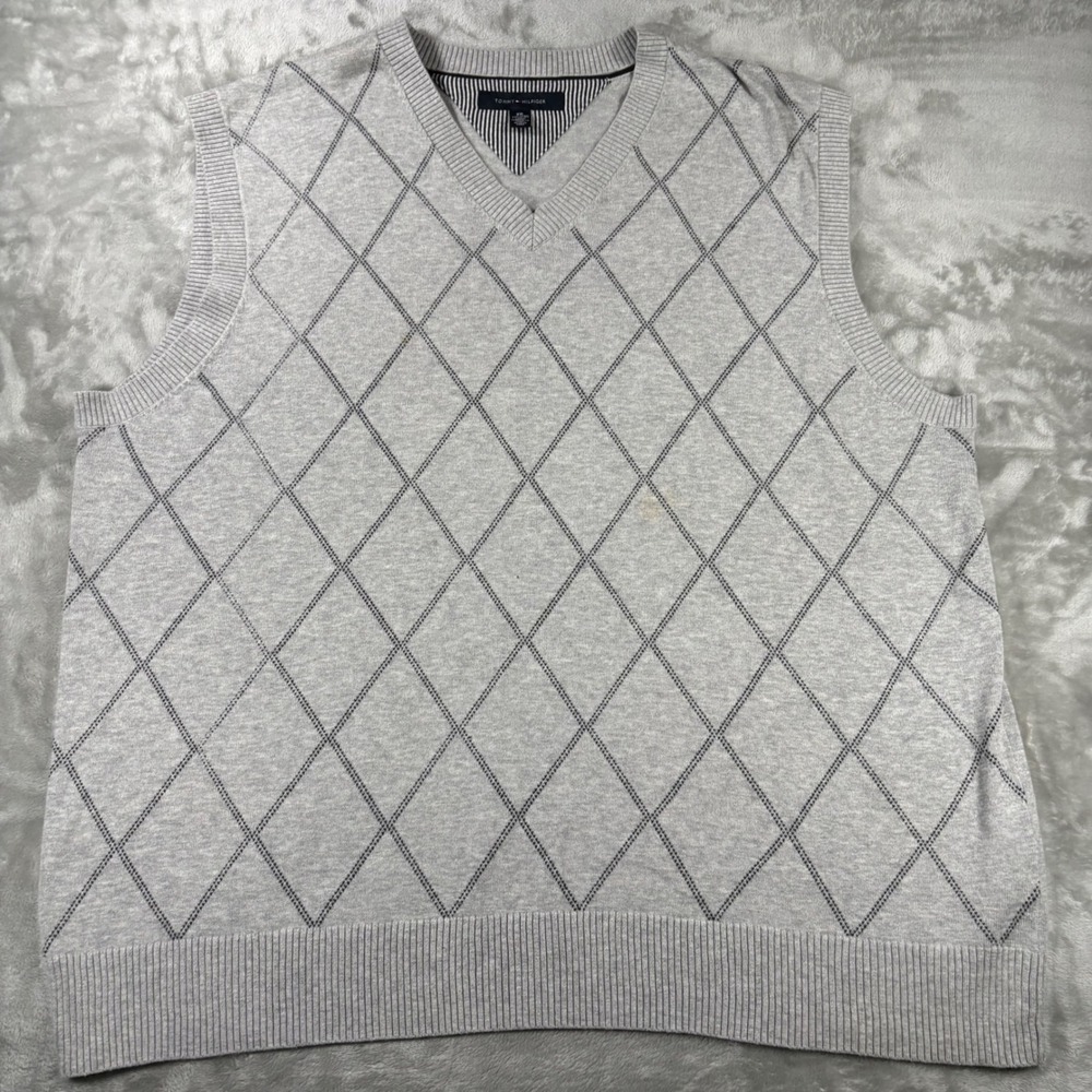 Tommy Hilfiger Mens XXL Gray Argyle V-Neck Cotton Knit Sweater‎ Vest Sleeveless